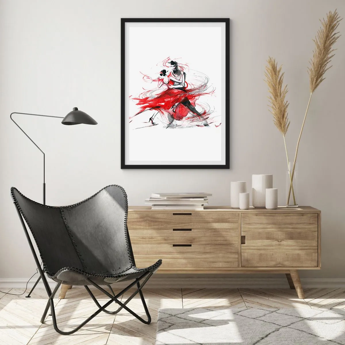 Pôster com moldura preta - Um casal dançando tango com toques dinâmicos de vermelho - 50x70cm - Tango - o ritmo da paixão - Decoração de parede moderna para a sala de estar e quarto ARTTOR