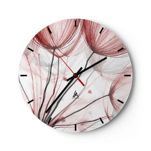 Relógio de parede - Relógio em vidro - Dentes-de-leão delicados em tons de vermelho e branco - 30x30cm - Antes da partida - Decoração de parede moderna para a sala de estar, cozinha e quarto ARTTOR