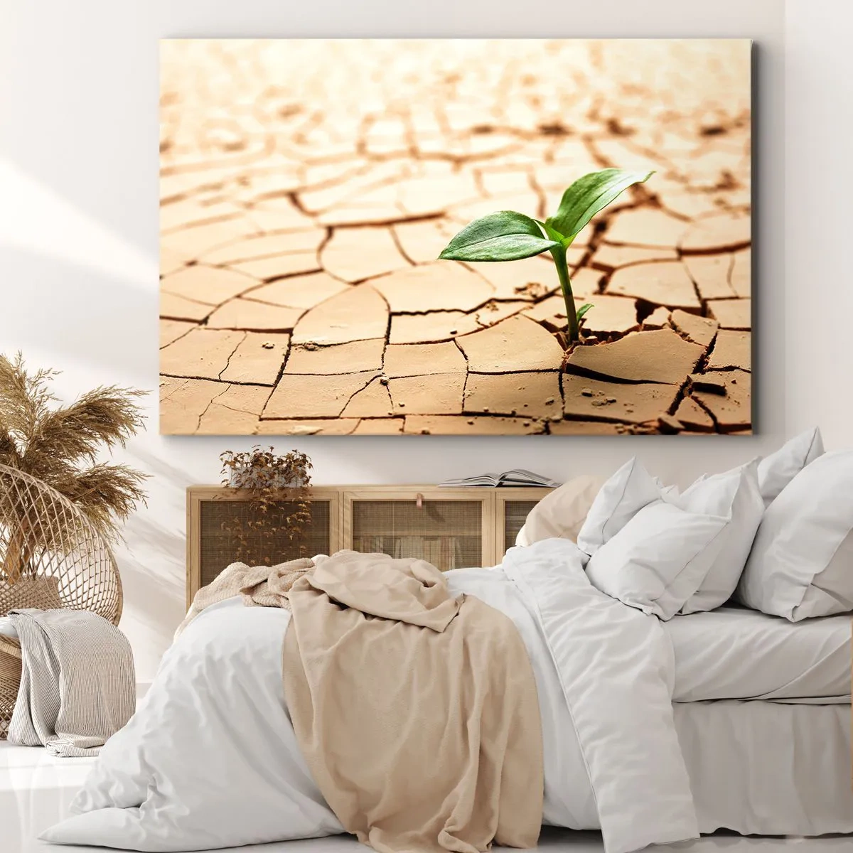 Quadro em tela - Uma planta verde crescendo em terra seca e rachada - 70x50cm - A força indomável da vida - Decoração de parede moderna para a sala de estar e quarto ARTTOR