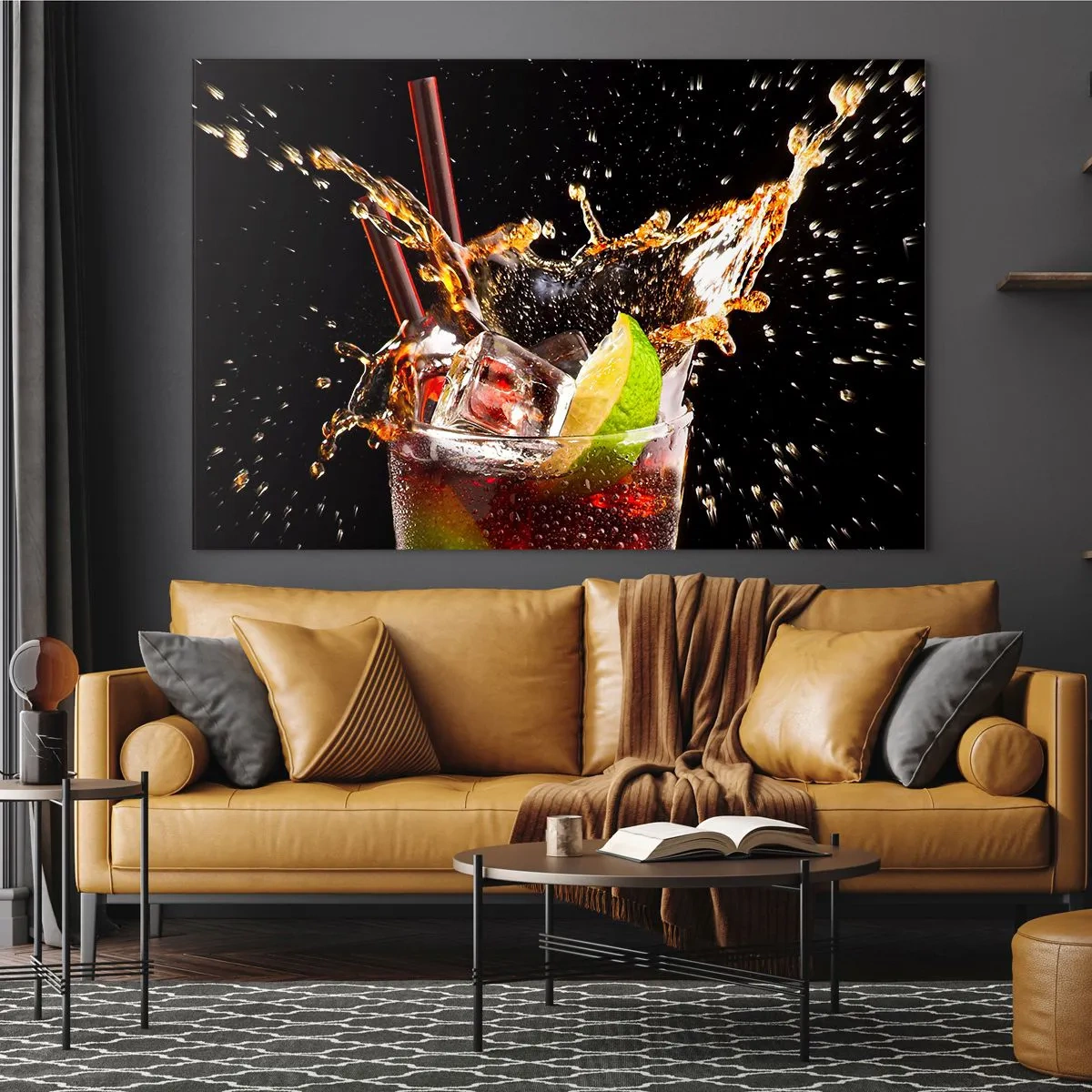 Quadro em vidro - Um copo de bebida com limão e respingos em um fundo preto - 70x50cm - Alegria e energia das cores - Decoração de parede moderna para a sala de estar e quarto ARTTOR