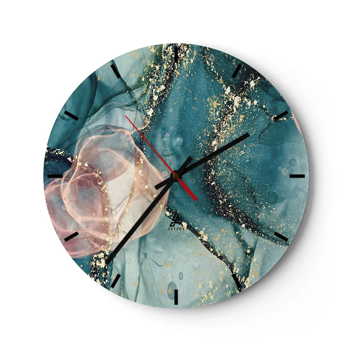Relógio de parede - Relógio em vidro - Toques artísticos de cor em tons de turquesa e rosa com detalhes dourados - 30x30cm - Azul seda, rosa tule - Decoração de parede moderna para a sala de estar, cozinha e quarto ARTTOR