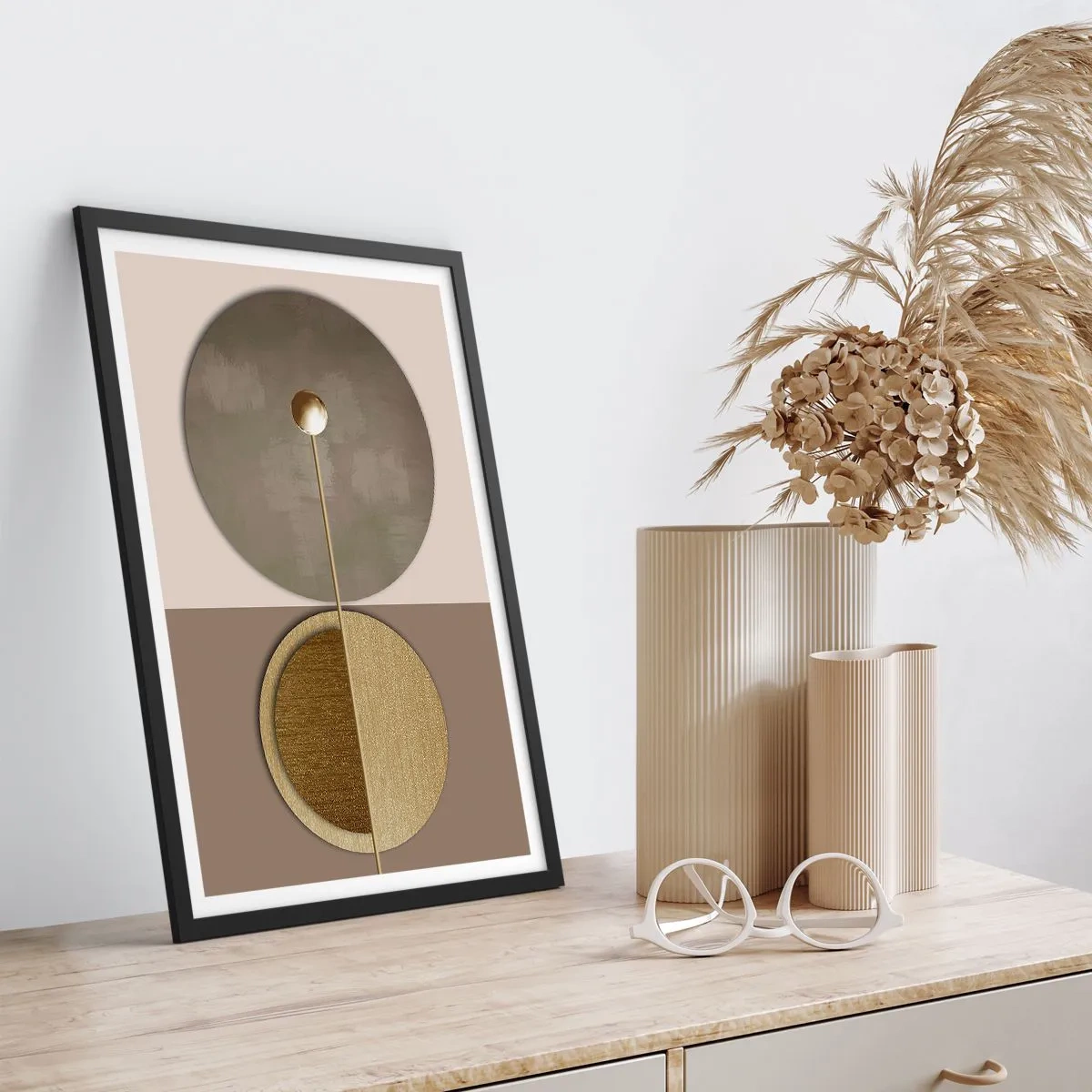 Pôster com moldura preta - Abstração geométrica moderna em tons de dourado e bege - 50x70cm - Equilíbrio perfeito - Decoração de parede moderna para a sala de estar e quarto ARTTOR