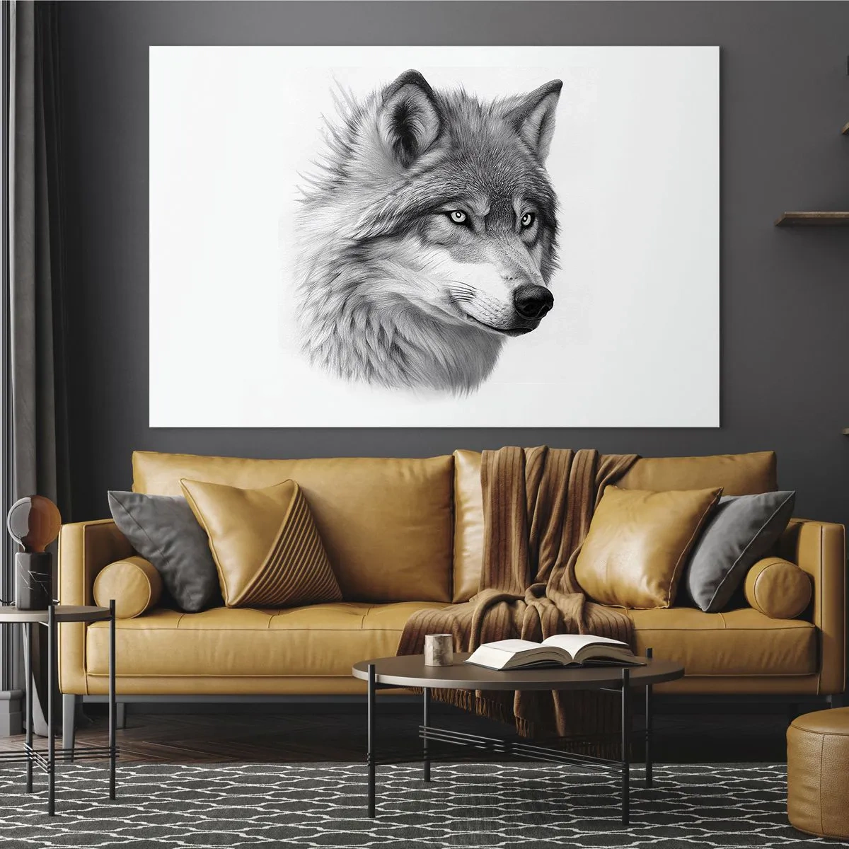 Quadro em vidro - Retrato em preto e branco de um lobo com um olhar penetrante - 70x50cm - Alfa – sem dúvida - Decoração de parede moderna para a sala de estar e quarto ARTTOR