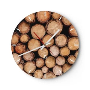 Relógio de parede - Relógio em vidro - Troncos de árvores cortados dispostos em uma composição natural - 30x30cm - Um novo começo - Decoração de parede moderna para a sala de estar, cozinha e quarto ARTTOR