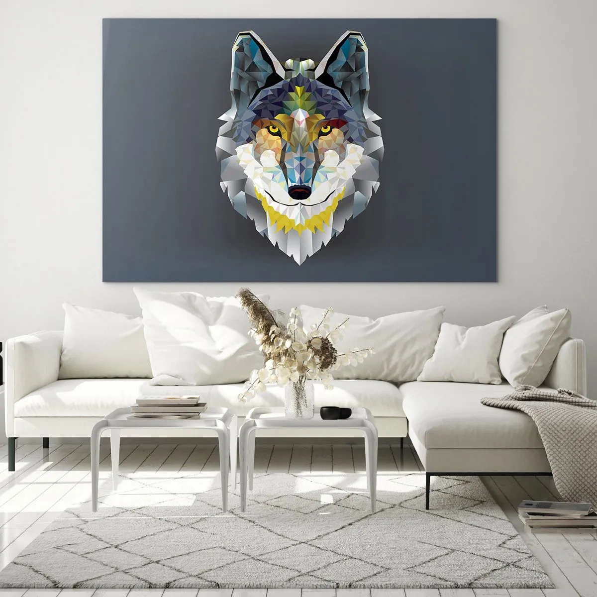 Quadro em vidro - Lobo geométrico em fundo escuro - 70x50cm - Quem não quer ser lobo, não lhe veste a pele - Decoração de parede moderna para a sala de estar e quarto ARTTOR