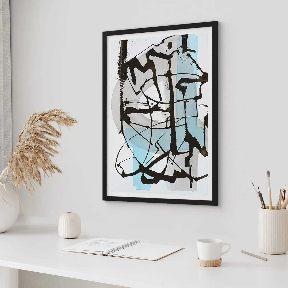 Pôster com moldura preta - Abstração moderna em tons de azul e preto - 50x70cm - Azul mesmo assim - Decoração de parede moderna para a sala de estar e quarto ARTTOR