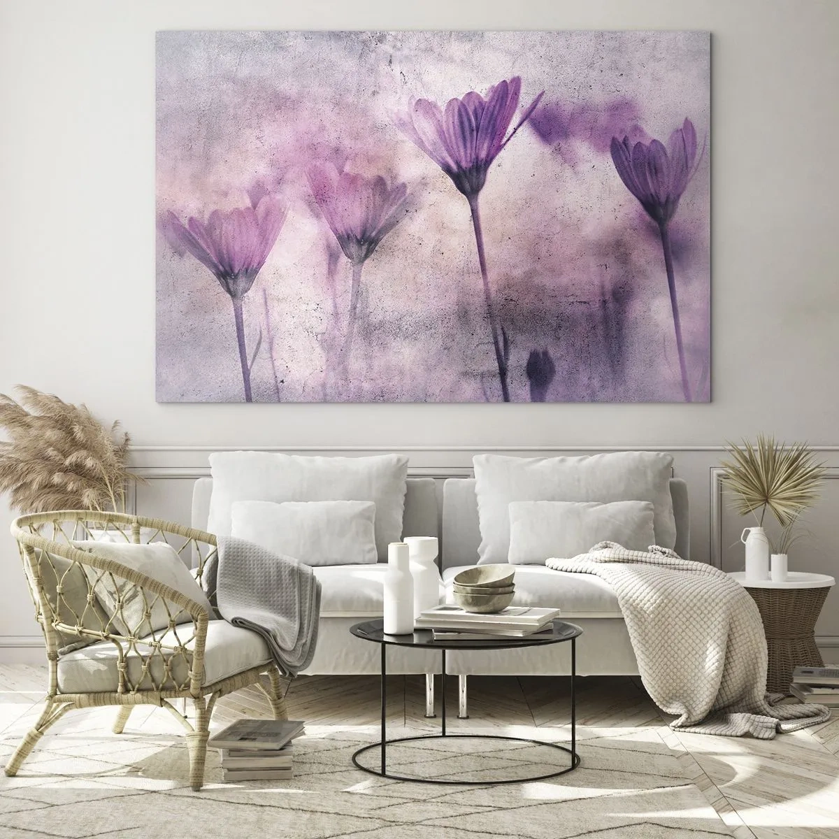 Quadro em vidro - Flores delicadas em tons pastel de roxo - 70x50cm - Sonho de flores - Decoração de parede moderna para a sala de estar e quarto ARTTOR