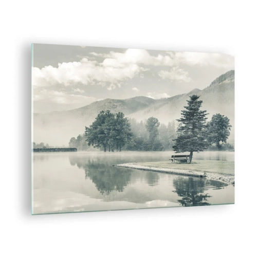 Quadro em vidro - Um lago calmo pela manhã com um banco e neblina sobre a água - 70x50cm - O lago ainda está a dormir - Decoração de parede moderna para a sala de estar e quarto ARTTOR