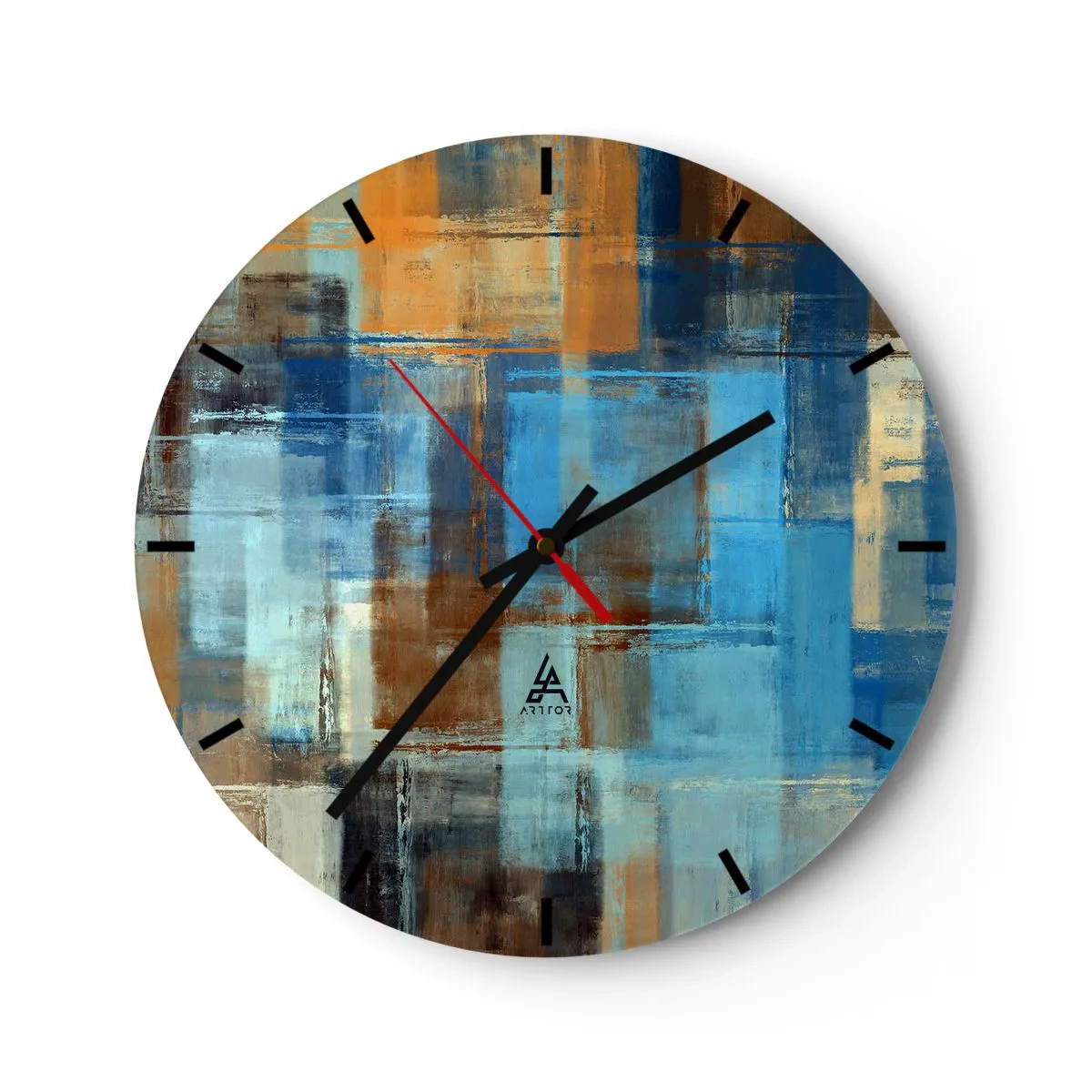 Relógio de parede - Relógio em vidro - Retângulos abstratos em tons de azul e marrom - 30x30cm - Através da cortina azul - Decoração de parede moderna para a sala de estar, cozinha e quarto ARTTOR