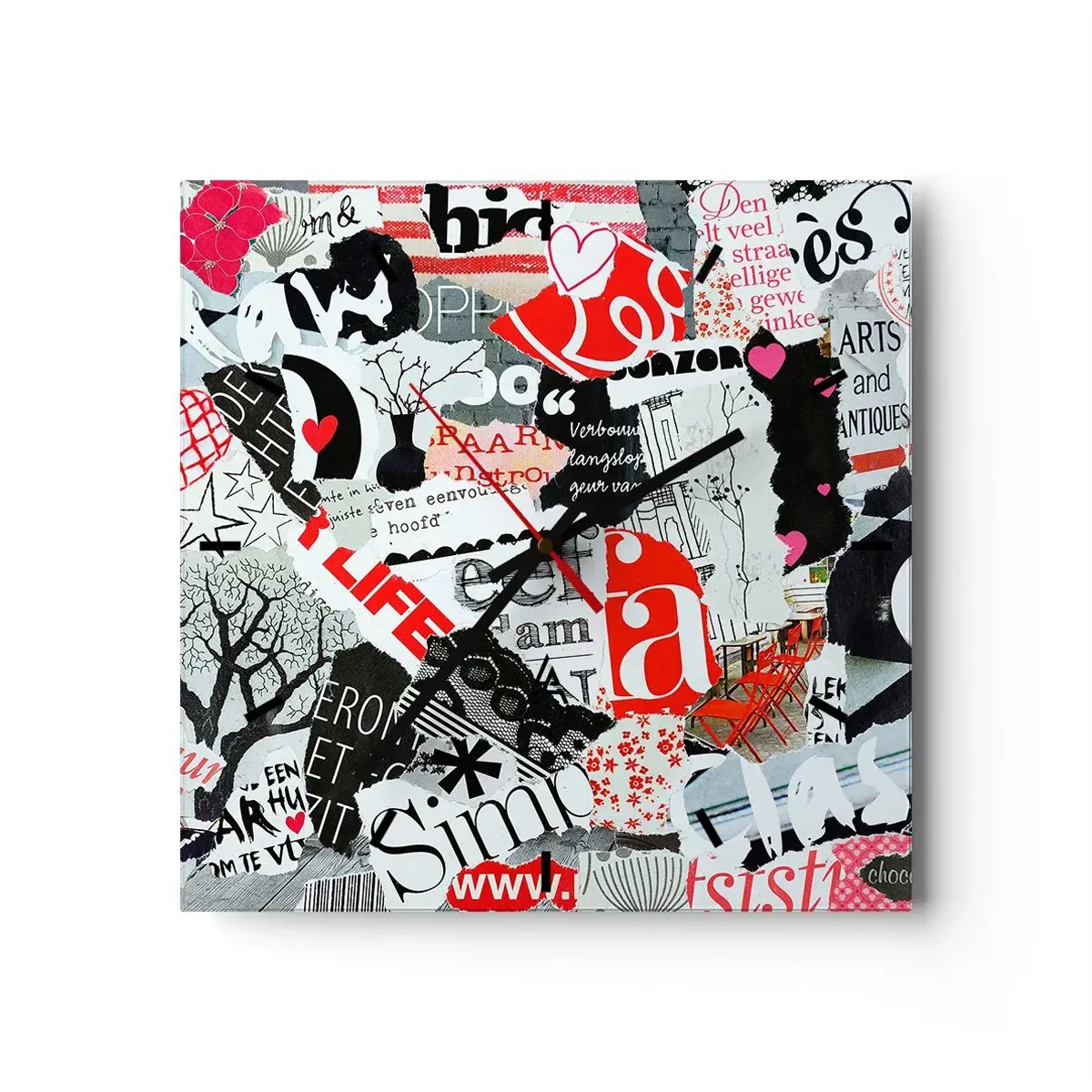 Relógio de parede - Relógio em vidro - Colagem hipster - 30x30 cm