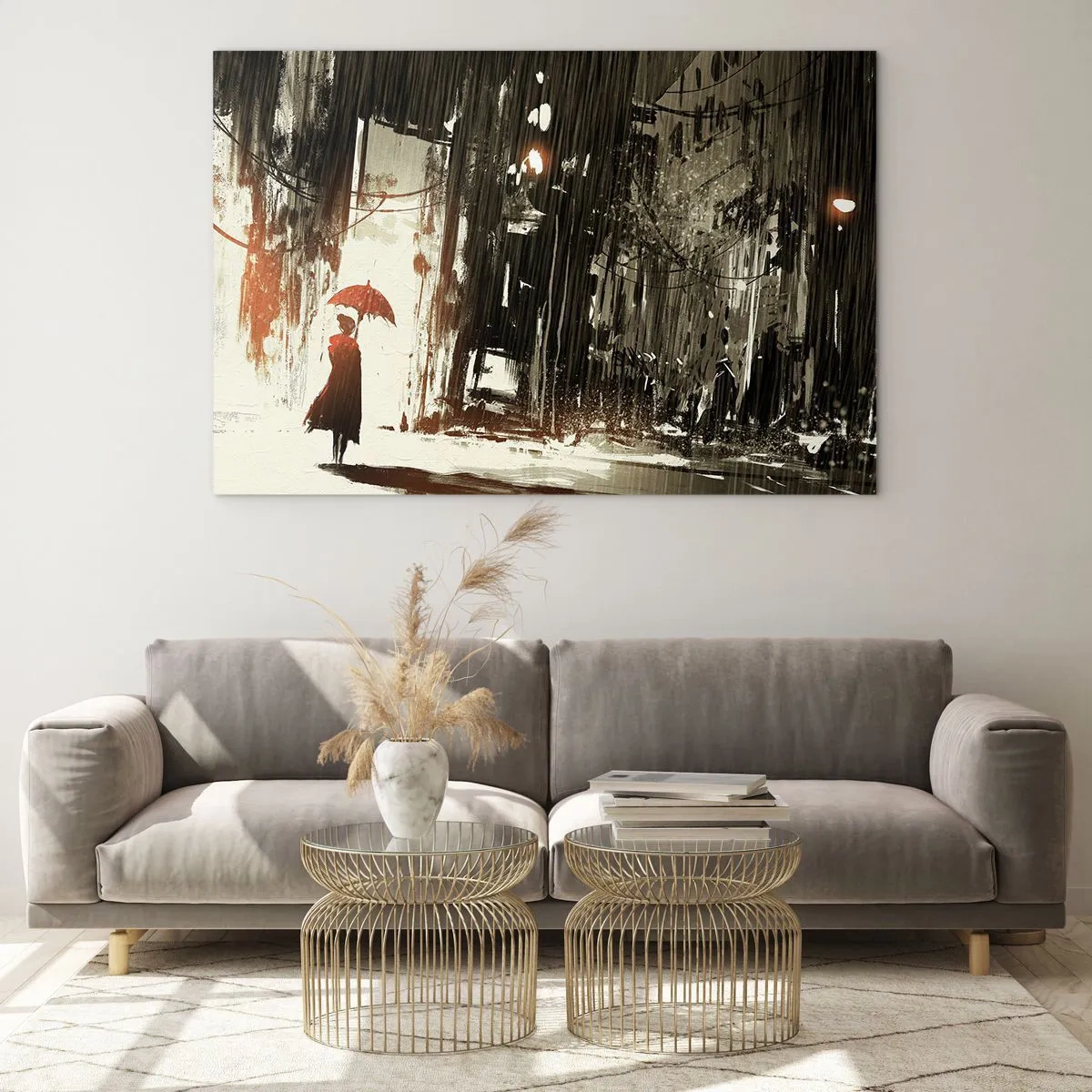 Quadro em vidro - Uma pessoa com um guarda-chuva vermelho na chuva contra um fundo escuro da cidade. - 70x50cm - A poesia do guarda-chuva vermelho - Decoração de parede moderna para a sala de estar e quarto ARTTOR