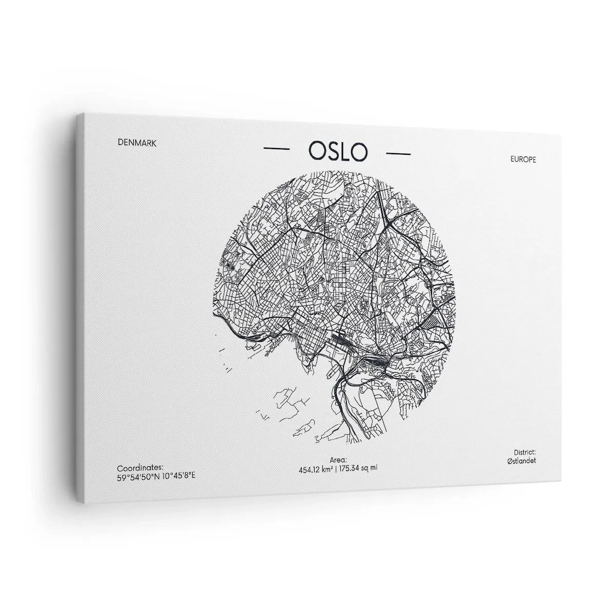 Quadro em tela - Um mapa de Oslo em estilo minimalista em preto e branco. - 70x50cm - Anatomia de Oslo - Decoração de parede moderna para a sala de estar e quarto ARTTOR