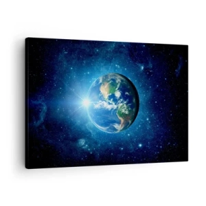 Quadro em tela - Terra no espaço cercada por estrelas e luz - 70x50cm - Estamos no céu - Decoração de parede moderna para a sala de estar e quarto ARTTOR