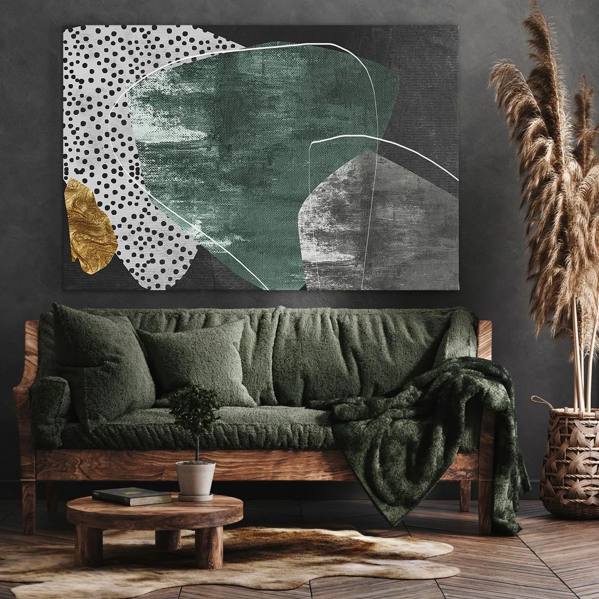 Quadro em tela - Composição abstrata com formas verdes e padrões de pontos - 70x50cm - Abstração colorida com folha de ouro - Decoração de parede moderna para a sala de estar e quarto ARTTOR