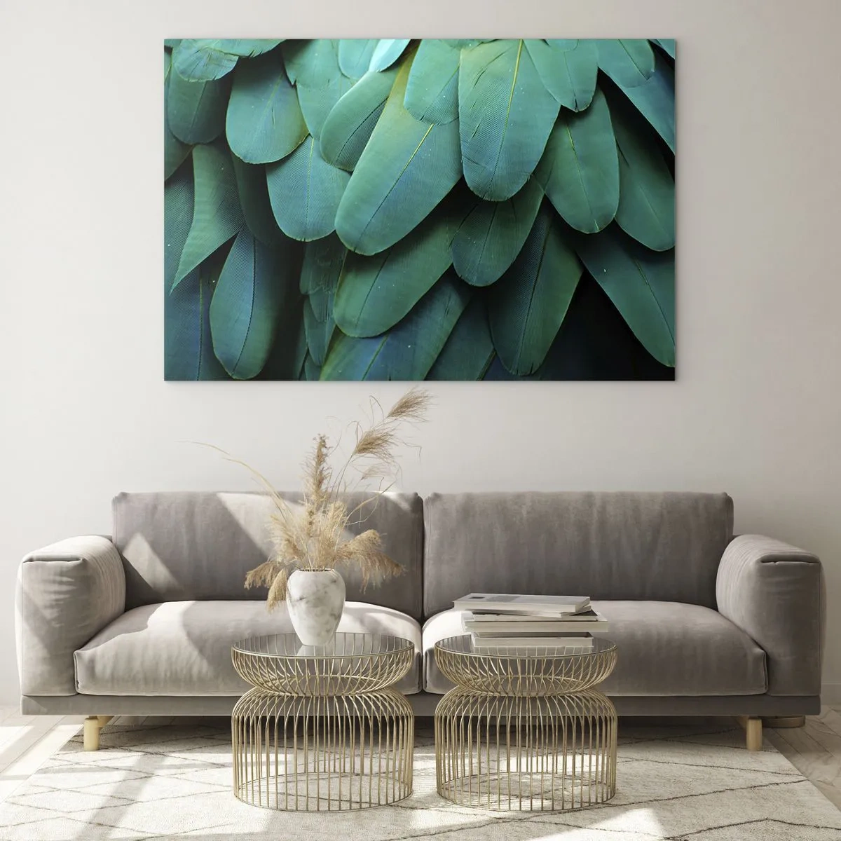 Quadro em vidro - Um close das penas intensamente verdes de um papagaio. - 70x50cm - Precisão de papagaio - Decoração de parede moderna para a sala de estar e quarto ARTTOR