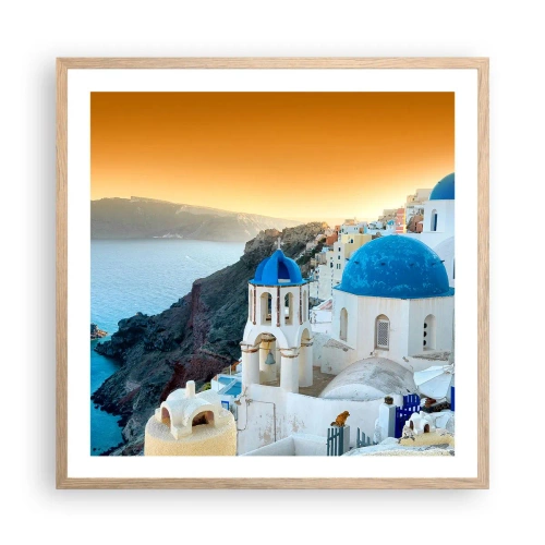 Pôster com moldura de carvalho claro - Santorini - abraçada às rochas - 60x60 cm