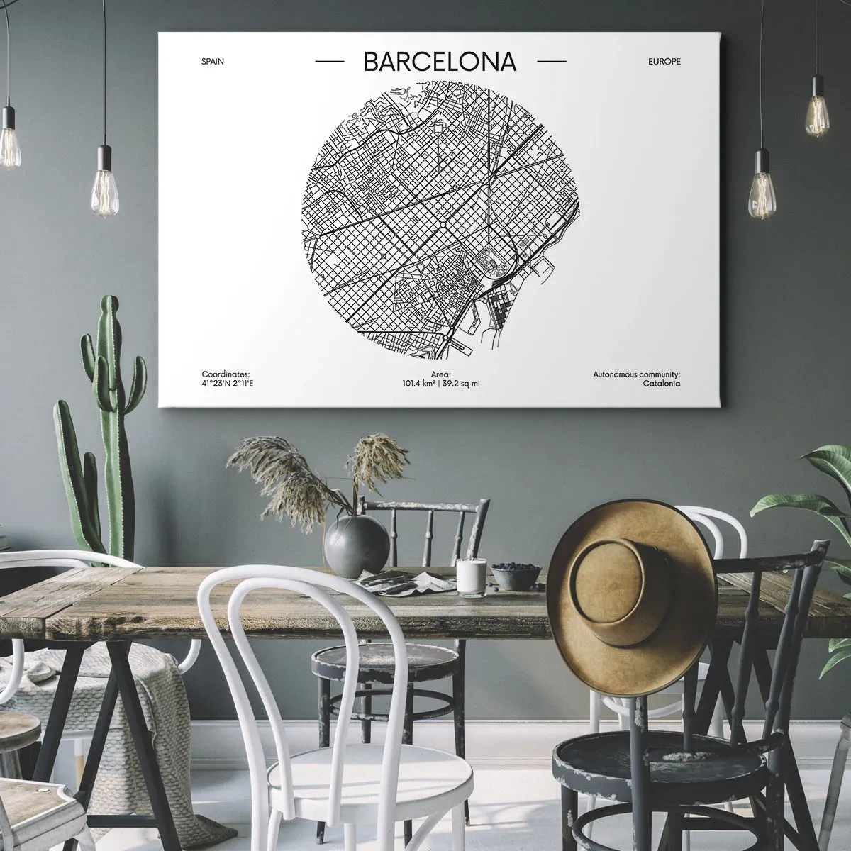 Quadro em tela - Um mapa de Barcelona em um estilo minimalista em preto e branco - 70x50cm - Anatomia de Barcelona - Decoração de parede moderna para a sala de estar e quarto ARTTOR