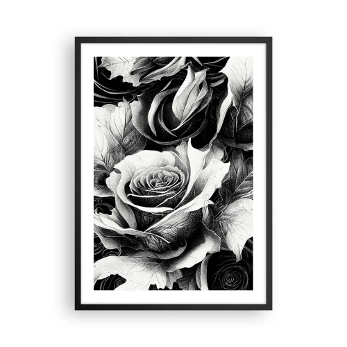 Pôster com moldura preta - Uma composição em preto e branco de rosas com claro-escuro expressivo - 50x70cm - Sempre uma rainha - Decoração de parede moderna para a sala de estar e quarto ARTTOR