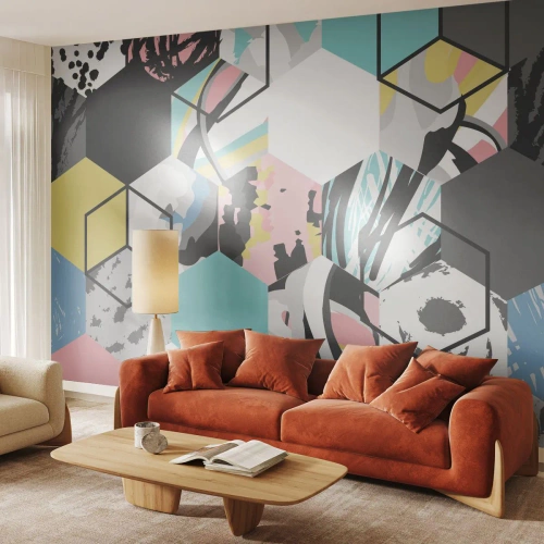 Papel de Parede Premium Canvas - Hexágonos e cubos em seis cores - Abstração, Pedaço, Padrão Moderno - 350x256 cm