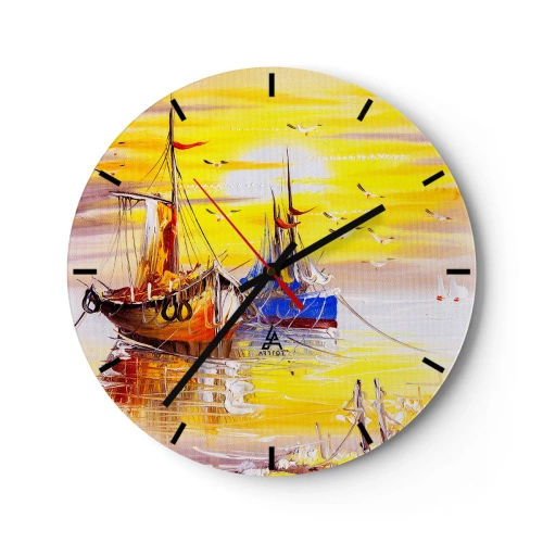 Relógio de parede - Relógio em vidro - Veleiros pitorescos ao pôr do sol - 30x30cm - Um merecido descanso no porto - Decoração de parede moderna para a sala de estar, cozinha e quarto ARTTOR