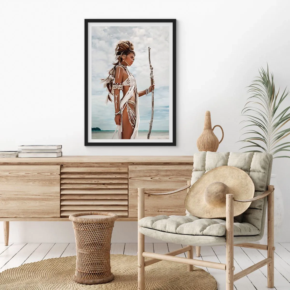 Pôster com moldura preta - Figura estilizada de uma mulher em um cenário tropical - 50x70cm - Rainha dos trópicos - Decoração de parede moderna para a sala de estar e quarto ARTTOR