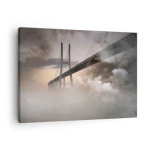 Quadro em tela - Uma ponte sobre um rio cercada por neblina pela manhã - 70x50cm - No rio que não existe - Decoração de parede moderna para a sala de estar e quarto ARTTOR