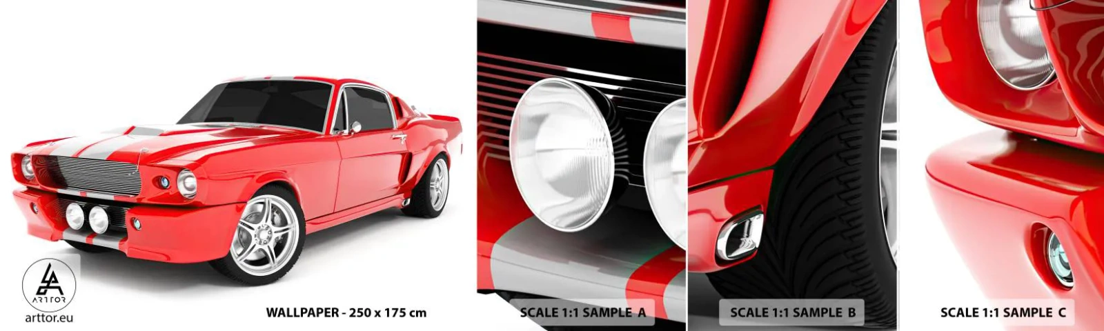 Amostra de papel de parede autocolante Deluxe Sticker - Mustang rápido como o vento - Automotivo, Carro antigo, Carro Mustang 1967 - 100x30 cm