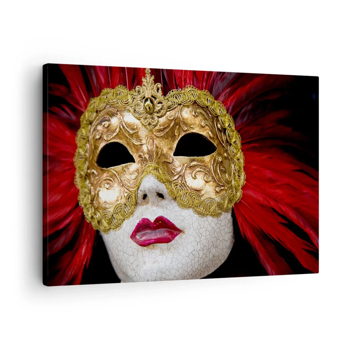 Quadro em tela - Máscara veneziana dourada com penas vermelhas - 70x50cm - A promessa da aventura de carnaval - Decoração de parede moderna para a sala de estar e quarto ARTTOR