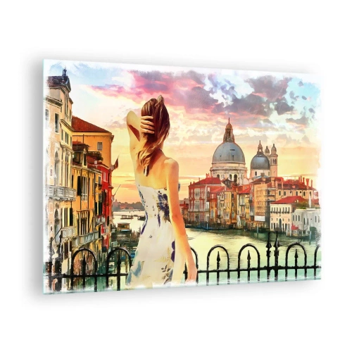 Quadro em vidro - Uma mulher admira a vista de Veneza ao pôr do sol. - 70x50cm - Aventura de verdade somente em ... - Decoração de parede moderna para a sala de estar e quarto ARTTOR
