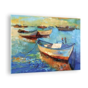 Quadro em vidro - Barcos coloridos em um fundo de águas calmas - 70x50cm - Na baía do sul - Decoração de parede moderna para a sala de estar e quarto ARTTOR