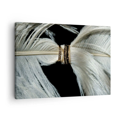 Quadro em tela - Uma pena branca com dois anéis de ouro em um fundo preto - 70x50cm - ...todos os dias da nossa vida... - Decoração de parede moderna para a sala de estar e quarto ARTTOR