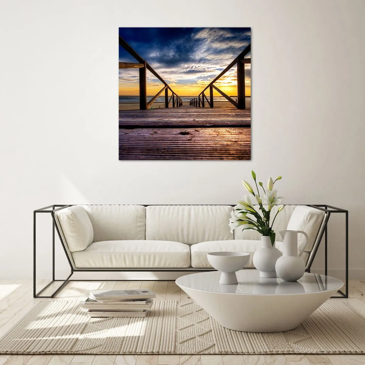 Quadro em vidro - Direto para a praia tranquila ao pôr do sol - 60x60 cm