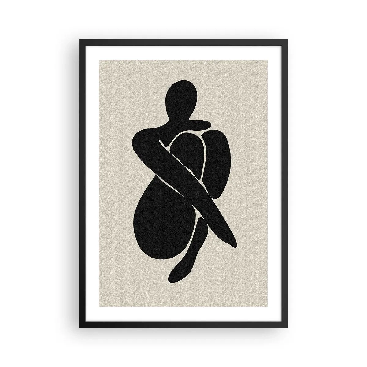 Pôster com moldura preta - Figura abstrata em pose com os braços em volta do corpo, ilustração em preto e branco - 50x70cm - Em seus próprios braços - Decoração de parede moderna para a sala de estar e quarto ARTTOR