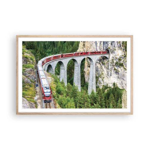 Pôster com moldura de carvalho claro - Linha férrea com vista para a montanha - 91x61 cm
