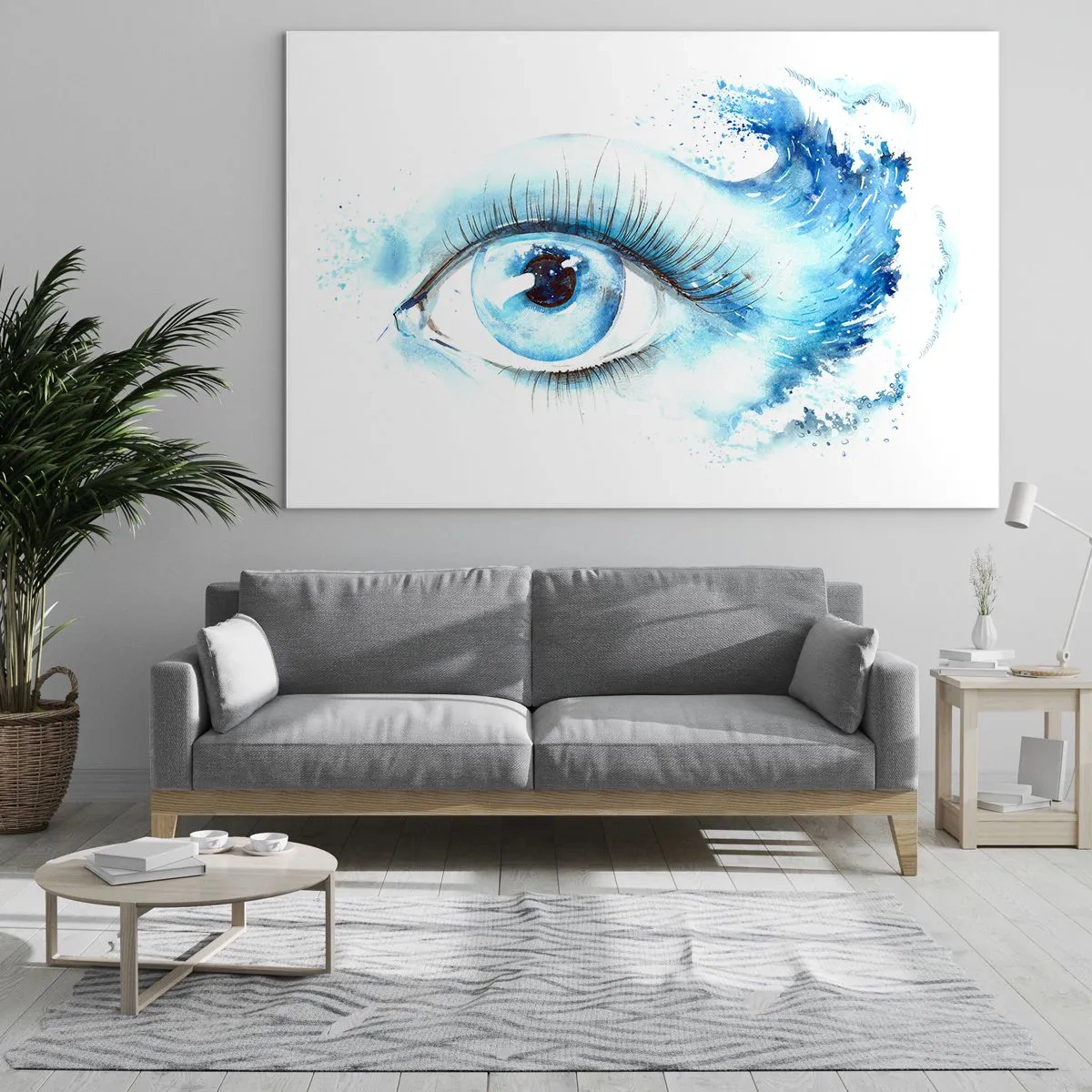 Quadro em vidro - Olho azul em aquarela artística - 70x50cm - Mergulho no olhar azul - Decoração de parede moderna para a sala de estar e quarto ARTTOR
