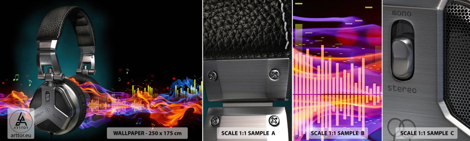 Amostra de papel de parede autocolante Deluxe Sticker - No fogo da música - Abstração, Música, Fones de ouvido - 100x30 cm