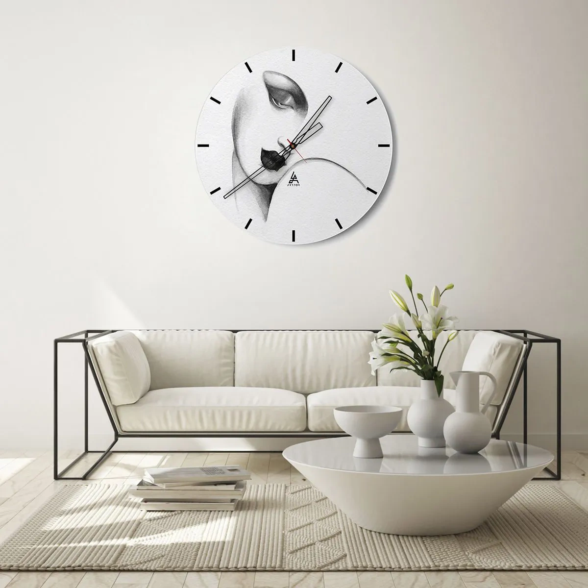 Relógio de parede - Relógio em vidro - Um retrato minimalista de uma mulher em tons de cinza. - 30x30cm - No estilo de Łempicka - Decoração de parede moderna para a sala de estar, cozinha e quarto ARTTOR