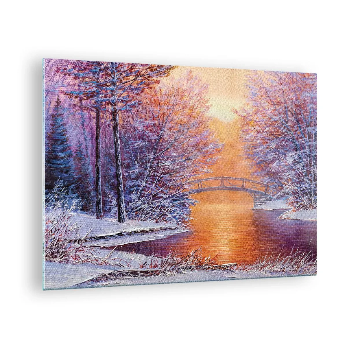 Quadro em vidro - Paisagem de inverno com uma ponte e árvores cobertas de neve ao pôr do sol - 70x50cm - Vamos nos encontrar aqui - Decoração de parede moderna para a sala de estar e quarto ARTTOR