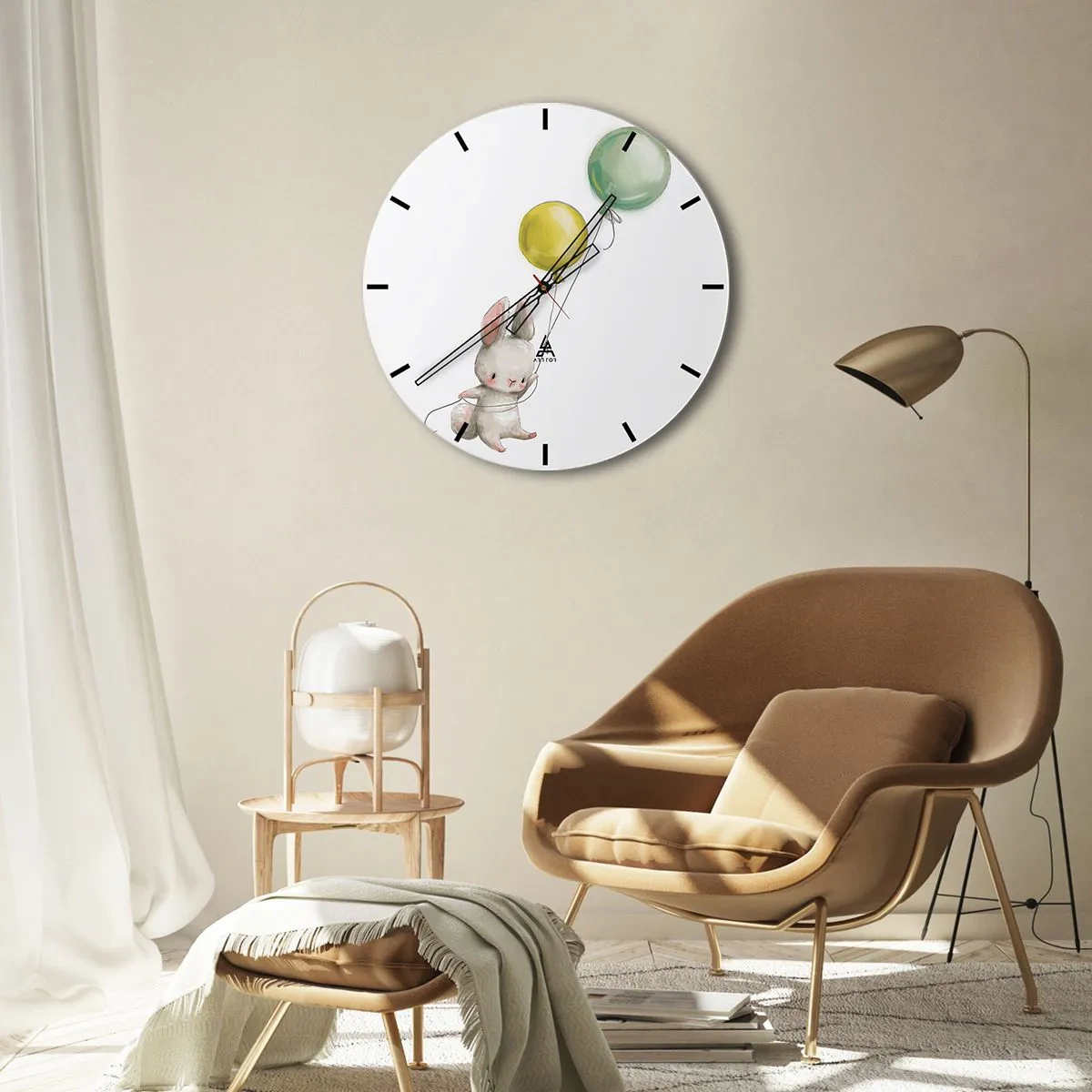 Relógio de parede - Relógio em vidro - Um coelho segurando um balão verde e amarelo flutuando no ar - 30x30cm - Também quero voar! - Decoração de parede moderna para a sala de estar, cozinha e quarto ARTTOR