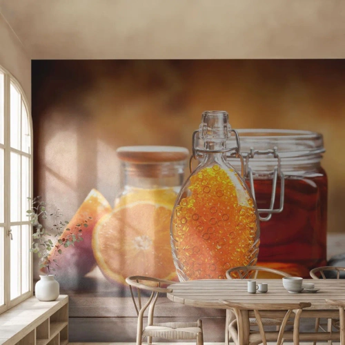 Papel de Parede Autocolante Deluxe Sticker - Sabores e aromas ensolarados - Gastronomia, Laranja, Frasco Com Mel - 100x70 cm