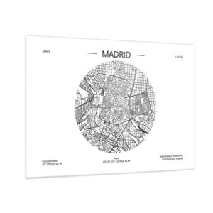 Quadro em vidro - Um mapa minimalista de Madri em preto e branco, em formato circular. - 70x50cm - Anatomia de Madri - Decoração de parede moderna para a sala de estar e quarto ARTTOR