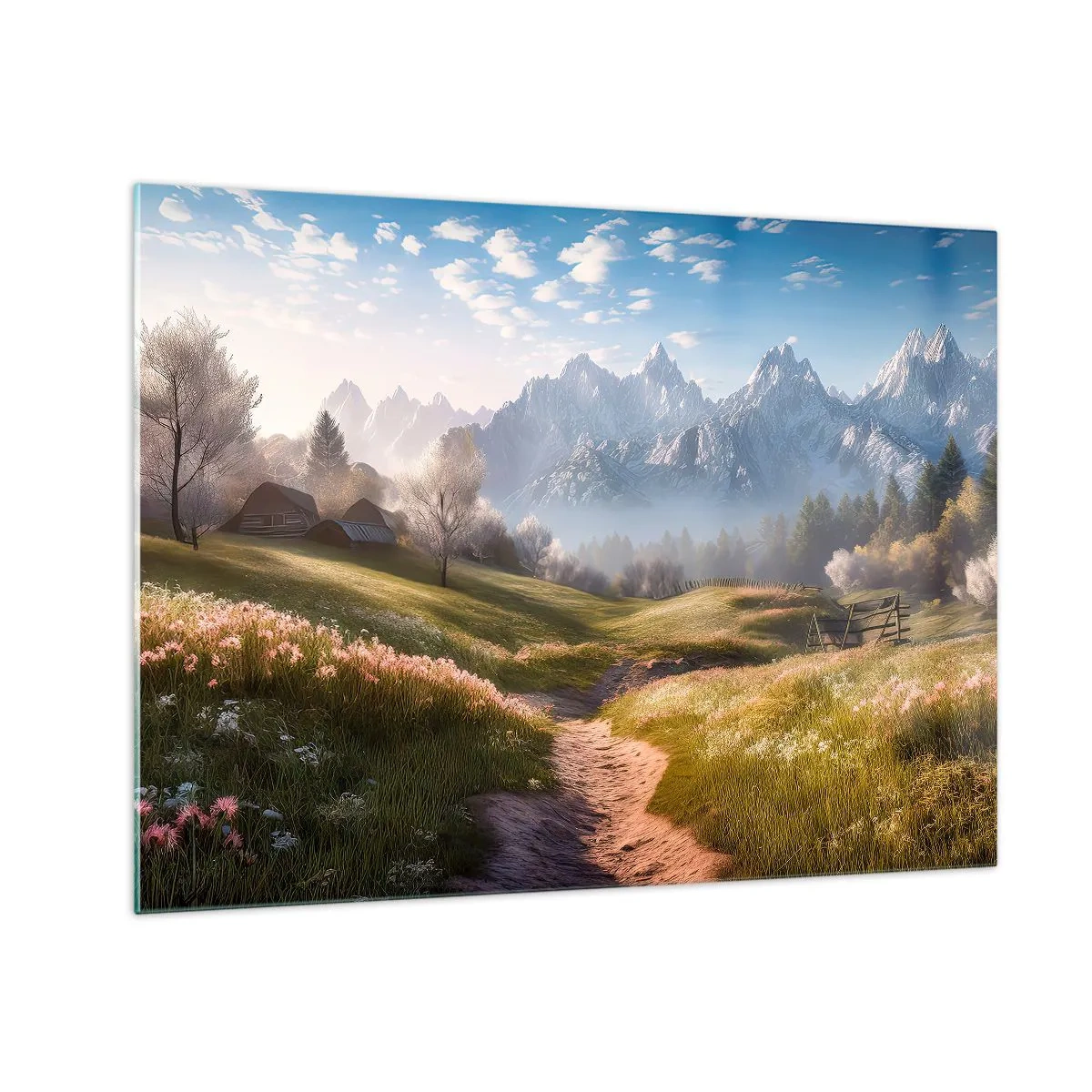 Quadro em vidro - Paisagem de primavera com um vale, flores e montanhas ao fundo pela manhã - 70x50cm - Vale idílico - Decoração de parede moderna para a sala de estar e quarto ARTTOR