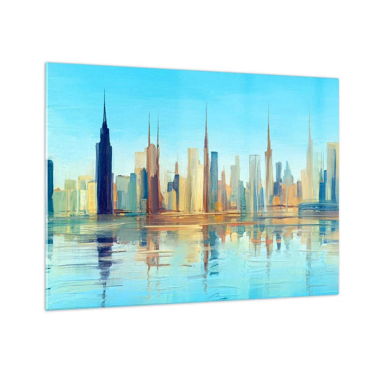 Quadro em vidro - Um panorama da metrópole refletido na água sob um céu azul - 70x50cm - Uma metrópole ensolarada - Decoração de parede moderna para a sala de estar e quarto ARTTOR