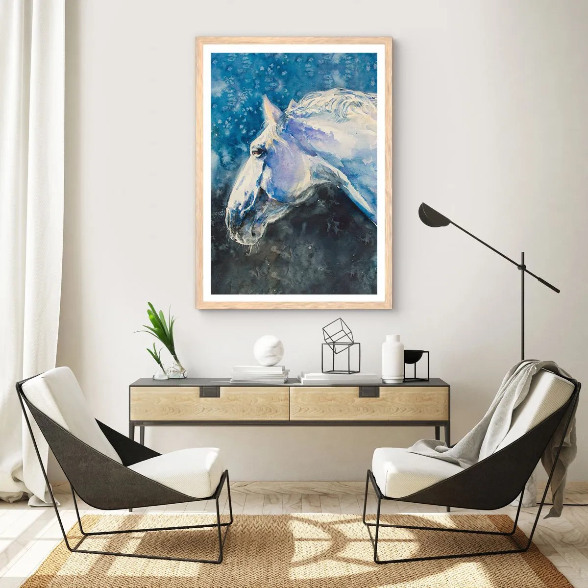 Pôster com moldura de carvalho claro - Retrato com um brilho azul - 70x100 cm