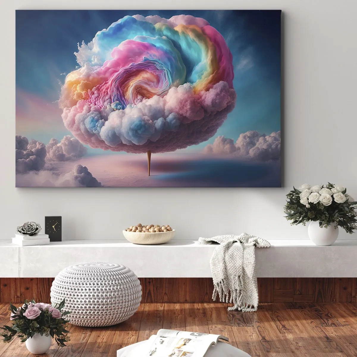 Quadro em tela - Uma nuvem em forma de espiral com cores pastéis no céu - 70x50cm - O sonho de um parque de diversões - Decoração de parede moderna para a sala de estar e quarto ARTTOR