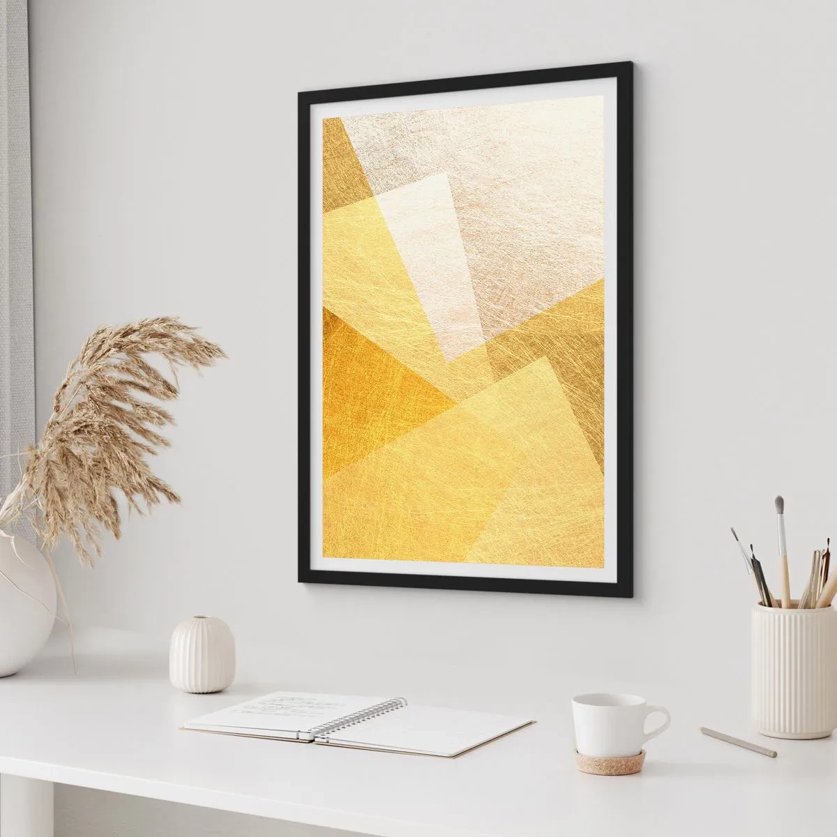 Pôster com moldura preta - Abstração geométrica dourada com efeito metálico - 50x70cm - Clima geométrico - Decoração de parede moderna para a sala de estar e quarto ARTTOR