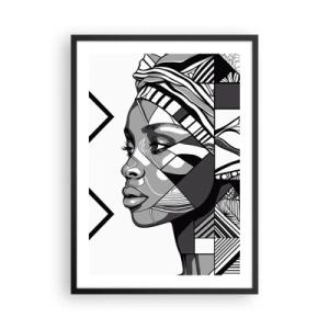 Pôster com moldura preta - Retrato geométrico de uma mulher em preto e branco - 50x70cm - Retrato étnico - Decoração de parede moderna para a sala de estar e quarto ARTTOR