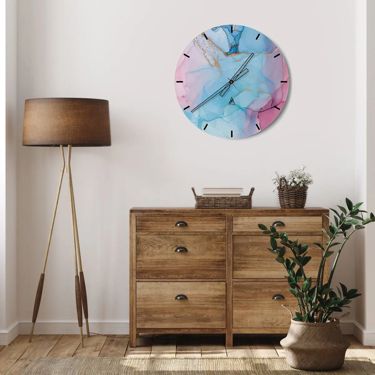 Relógio de parede - Relógio em vidro - Abstração em tons pastéis com detalhes dourados - 30x30cm - Encontro e difusão - Decoração de parede moderna para a sala de estar, cozinha e quarto ARTTOR