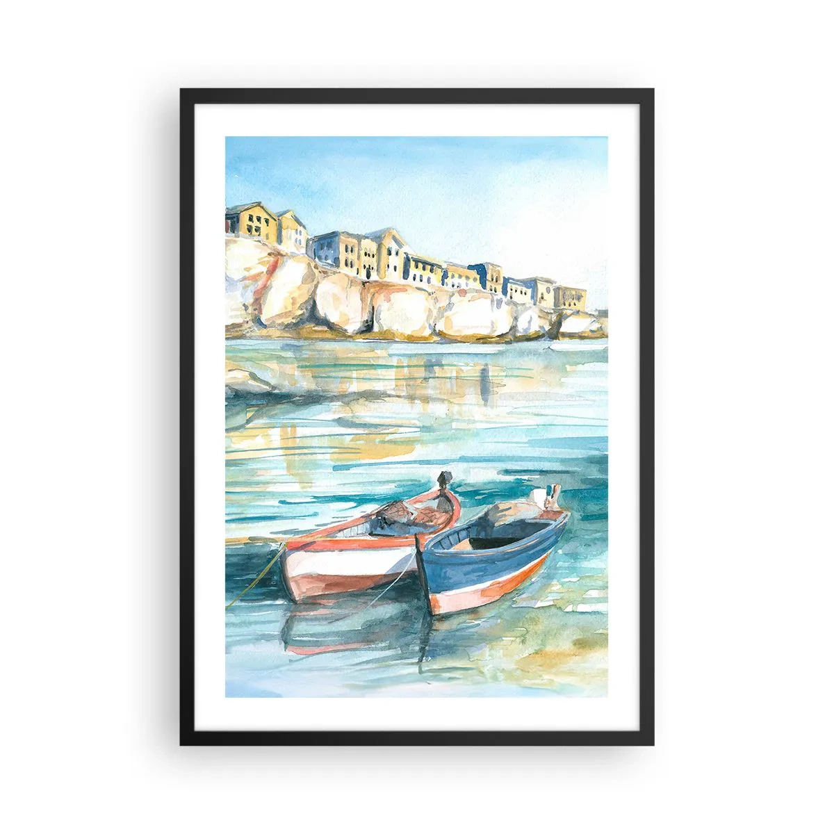 Pôster com moldura preta - Paisagem em aquarela com barcos na água e uma cidade litorânea - 50x70cm - Paisagem em azul - Decoração de parede moderna para a sala de estar e quarto ARTTOR