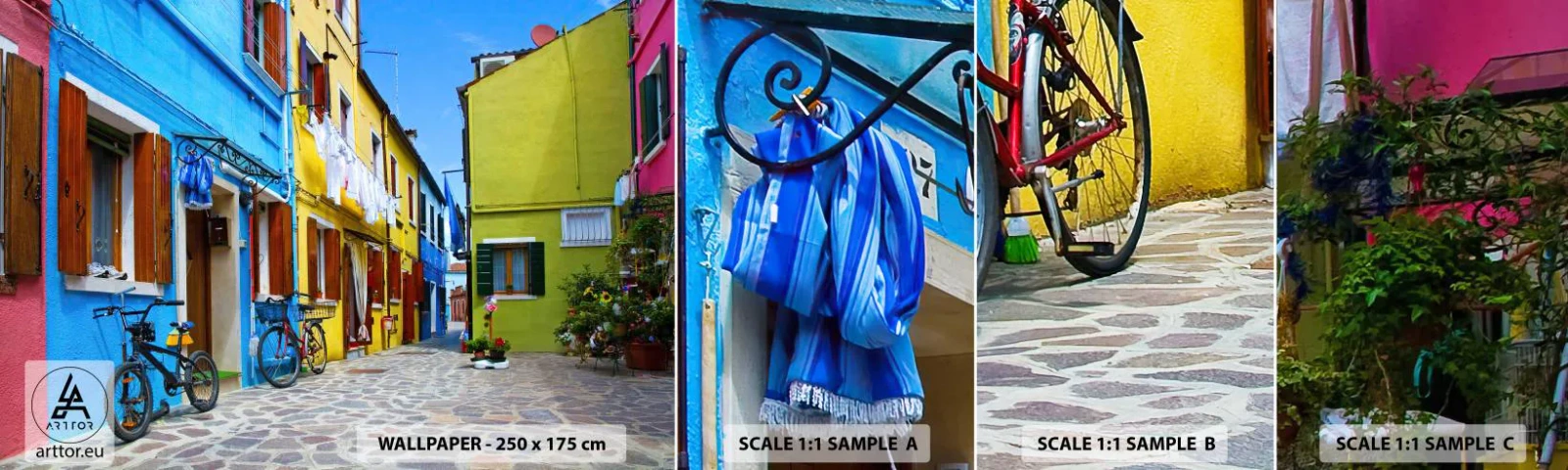 Amostra de papel de parede autocolante Deluxe Sticker - Beco doce e pastel - Cidade, Bicicletas, Beco - 100x30 cm